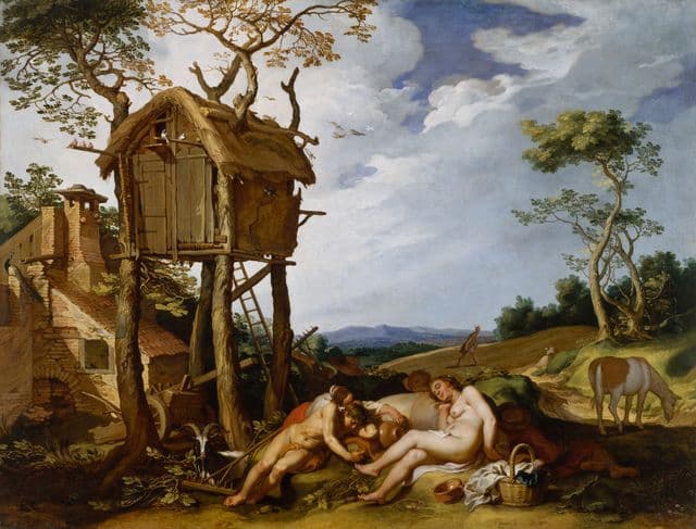 A broad cultivated landscape contains workers, figures in conversation, and agricultural detail. The scene invites slow looking rather than instant sorting, which suits the parable's warning against premature judgment.