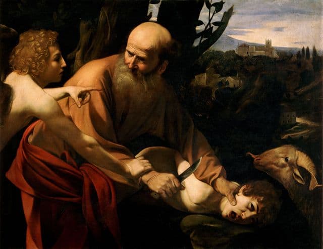 In a dark, high-contrast scene, Abraham grips Isaac near an altar while Isaac's face is pressed down in fear. An angel reaches in from the side, seizing Abraham's arm and pointing toward a ram caught nearby. The light falls sharply across faces and hands, making the stopped violence and divine interruption unmistakable.
