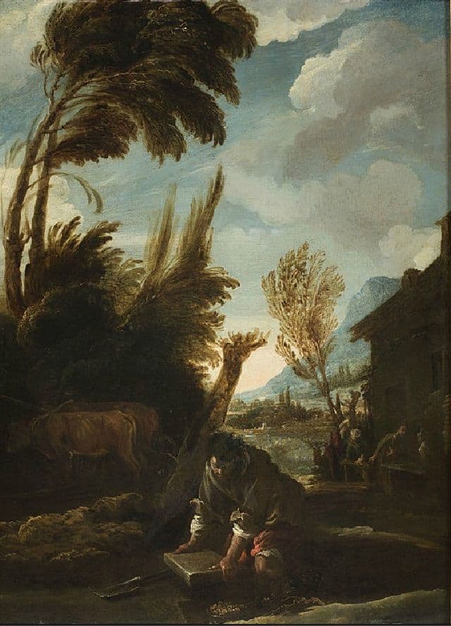 A man in rustic clothing bends over a hidden cache or chest in an earthy setting. The scene emphasizes physical discovery, secrecy, and the surprise of finding treasure in an ordinary field.