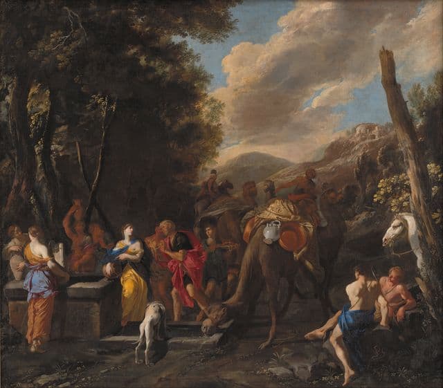 A busy well scene gathers Rebekah, Abraham's servant, attendants, water vessels, and animals in a crowded outdoor setting. Gestures and grouped figures draw attention to Rebekah's act of hospitality and the servant's watchful response.