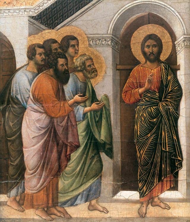 A medieval panel painting of Christ standing at a barred doorway before a group of disciples gathered inside a locked room.
