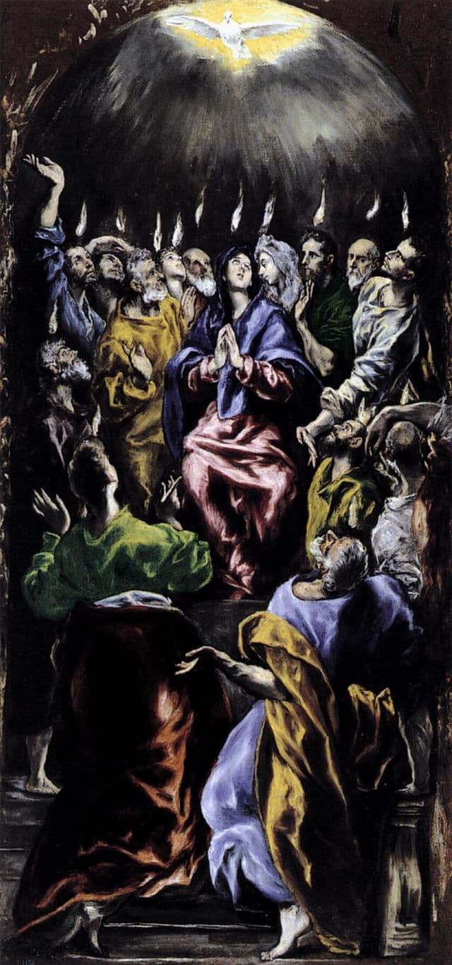 A tall painting of Mary and the apostles crowded together, looking upward as a dove and flame-like light descend from above.