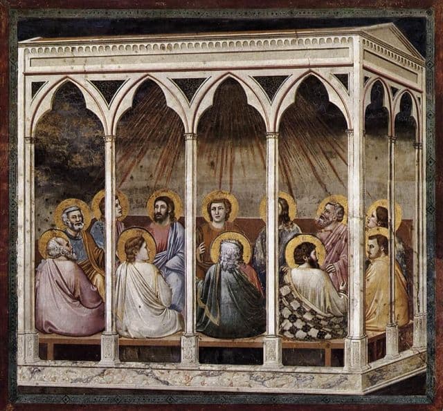 A fresco of apostles seated together in an architectural room while rays or flames descend from above.