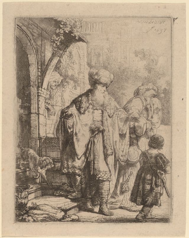 Abraham stands near a doorway and gestures outward while Hagar and Ishmael prepare to leave. The scene is crowded with tense gestures: Abraham's authority, Hagar's grief, and the child's vulnerability are held in one painful domestic moment.
