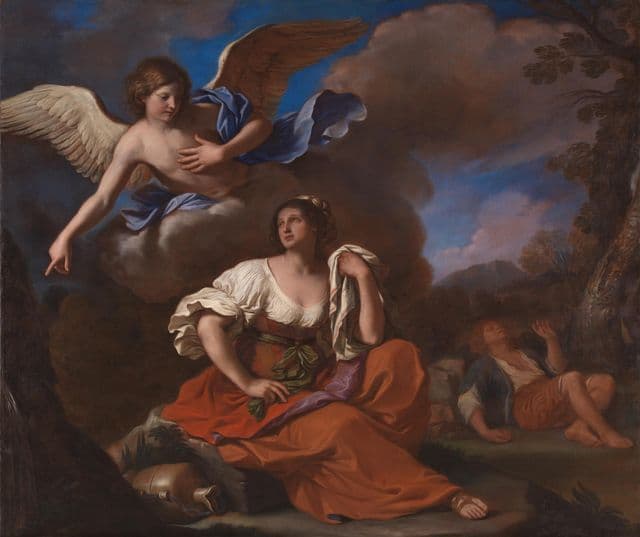 Hagar sits in shadowed grief near Ishmael while an angel leans or gestures toward help. The child's limp body and Hagar's turned posture convey despair, while the angel's presence marks the moment when the story begins to turn toward life.