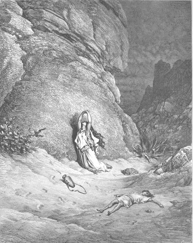 A black-and-white engraving shows Hagar and Ishmael in a barren wilderness. The child lies low near desert scrub while Hagar bends near him, and the rocky emptiness around them emphasizes thirst, exposure, and abandonment.