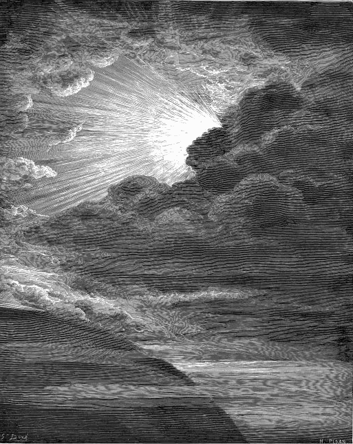 A black-and-white engraving of radiant light bursting through dark clouds in a dramatic creation scene.