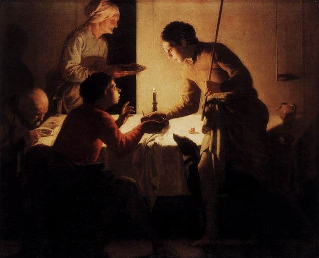 Jacob and Esau sit close together in a shadowed room with a bowl of stew between them. Their bodies lean into the exchange while older figures behind them heighten the sense of family pressure and moral tension.