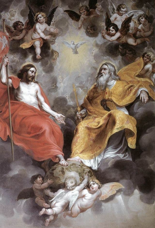 God the Father and Christ are shown enthroned with a dove-like Holy Spirit above, surrounded by angels and radiant clouds.