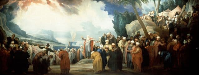 A grand horizontal painting of Moses elevated among a large assembly of elders and onlookers in a formal architectural setting.