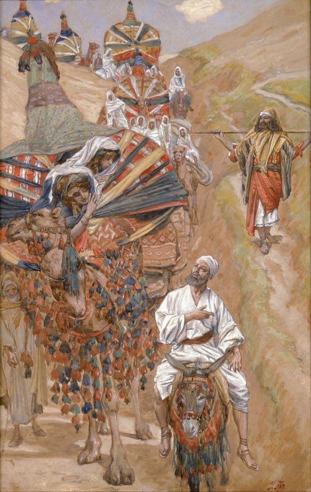 A traveling group with camels moves through a pale, open landscape as Rebekah arrives near Isaac. The image feels quiet and spacious, emphasizing threshold, distance, and the transition from stranger to household.