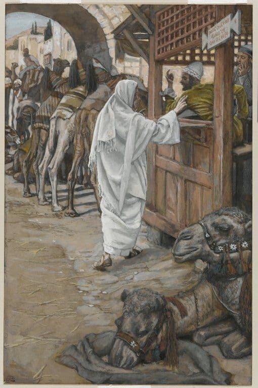 Jesus approaches a seated tax collector in a sparse setting. Matthew and nearby figures appear caught in the moment of decision, with attention focused on Jesus’ direct address.