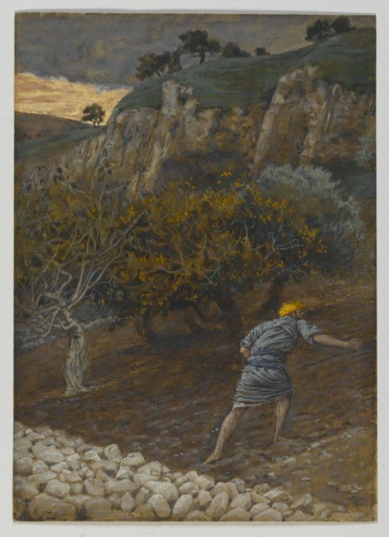 A dark, solitary figure moves through a field with a sowing gesture, scattering seed under cover of night or shadow. The mood is stealthy and tense, focused on the hidden beginning of the mixed field.