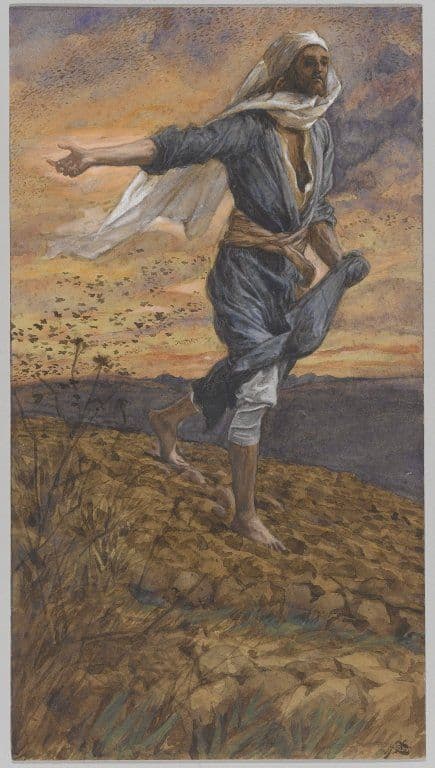 A lone sower walks across a field with a seed bag at his side, scattering seed by hand. The figure is clear and upright, and the open field around him makes the action of sowing the center of the image.