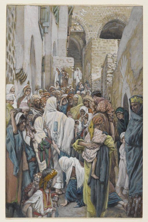 A woman bends low behind Jesus in a crowd, reaching toward the fringe of his garment. The surrounding figures move forward, but the composition draws attention to her small, determined gesture.