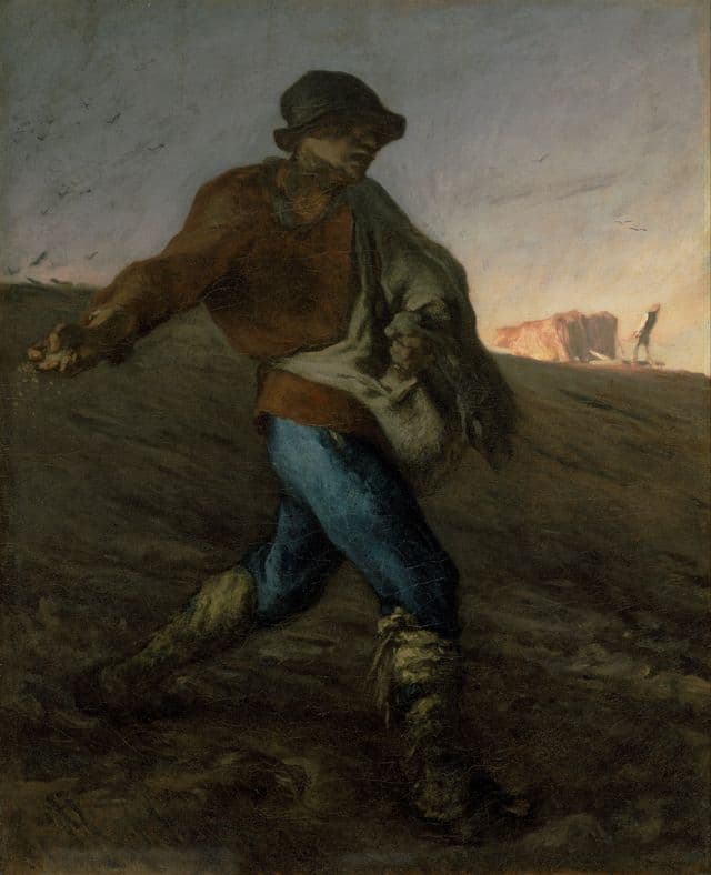 A peasant sower strides across a dark field, one arm swinging outward to cast seed. The body is strong and diagonal, surrounded by earth, birds, and open air.