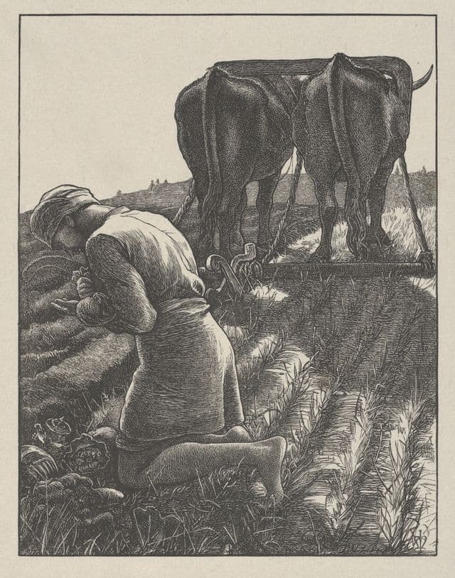A laboring figure bends in a field, intent on something hidden or newly discovered. The figure's posture suggests secrecy, urgency, and the shock of finding something valuable where ordinary work was expected.