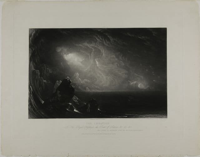A dark, dramatic, monochrome cosmic scene: light breaks through cloudlike darkness over an immense newly formed landscape and waters. Human figures are absent; scale belongs to God and creation.
