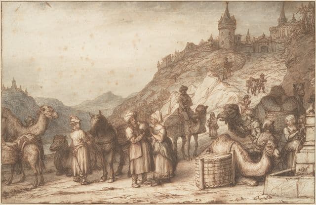 A finely drawn landscape scene shows Rebekah, Eliezer, surrounding figures, animals, and vessels near the well. The line work makes gestures and spatial relationships central, inviting viewers to notice action, attention, and response.