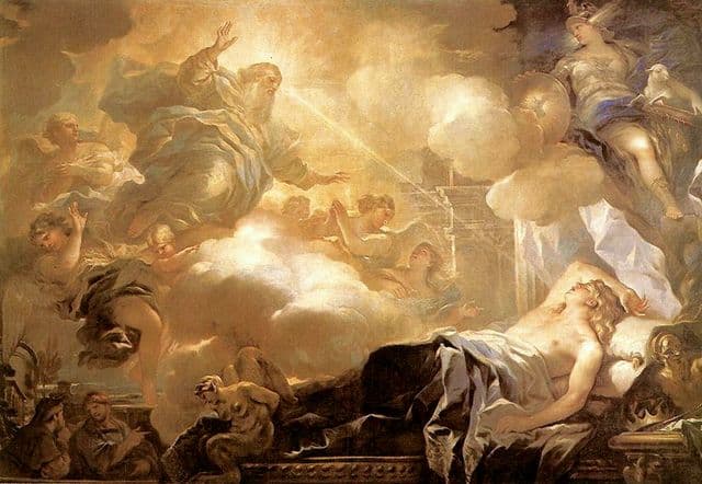 Solomon reclines below while a luminous heavenly vision opens above him. Angels and divine figures gather in bright clouds, contrasting Solomon's sleeping vulnerability with the grandeur of God's invitation.