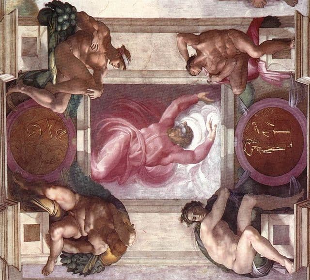 A muscular, bearded figure of God twists in a foreshortened pose, dividing luminous and shadowed space with bodily force and sweeping motion.