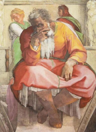 Jeremiah sits heavily with his head bowed and one hand near his face. His robes feel massive and weighty, making the figure look physically burdened by grief, thought, and vocation.
