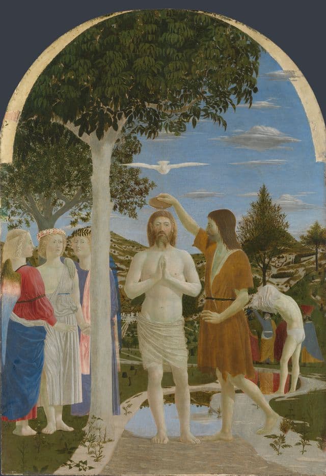 Christ stands upright in shallow water while John pours water over him; a dove descends above, with angels and a pale landscape nearby.