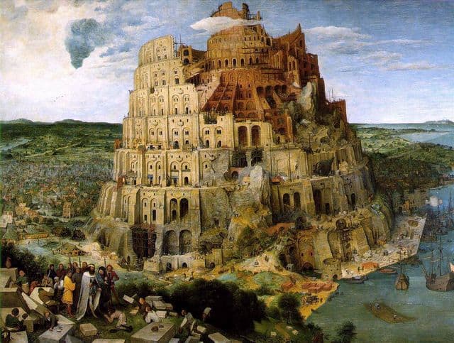 A vast unfinished tower rises in spiraling tiers above a busy city and harbor, with tiny workers and rulers dwarfed by the scale of the building project.