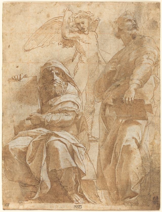 Two seated prophetic figures appear in a classical architectural setting, with scrolls and strong gestures marking them as inspired witnesses. Hosea is paired with Jonah, inviting care in explaining which prophet is appointed.