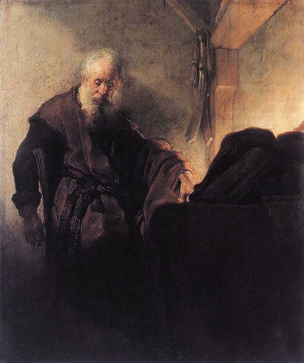 Paul sits in a dim interior at a writing desk, leaning toward his papers with a thoughtful, inward expression. The figure is compact and quiet, emphasizing contemplation and patient apostolic teaching.