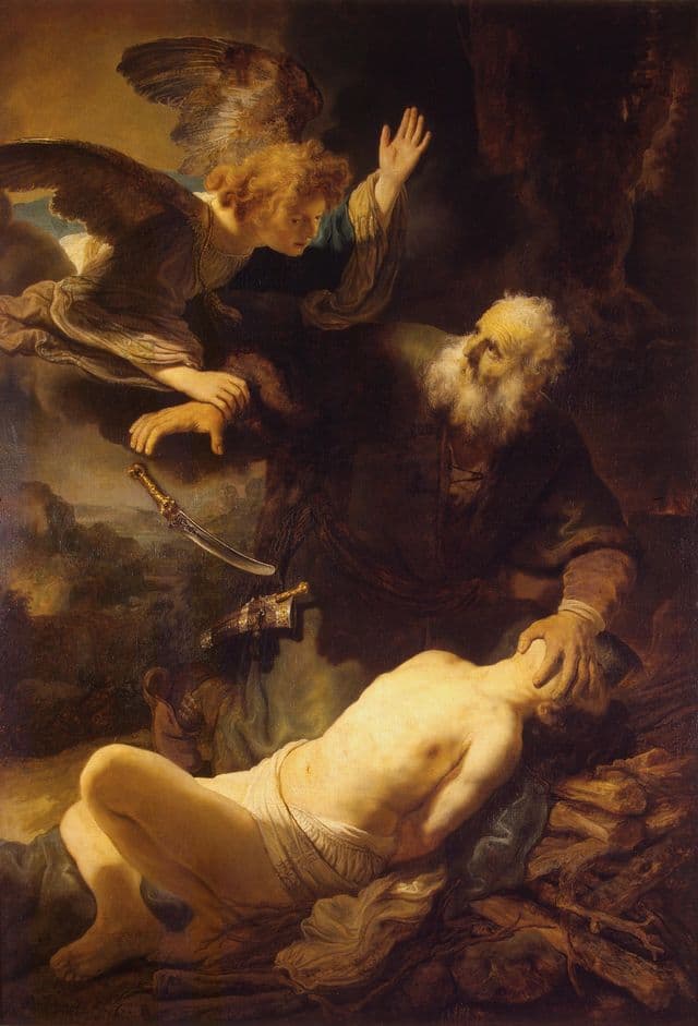 A luminous angel descends into a dark scene and grabs Abraham's raised arm. Isaac lies exposed on the altar, his pale body forming a stark diagonal. Abraham's knife drops from his hand, so the viewer sees the moment when the threatened death is halted.
