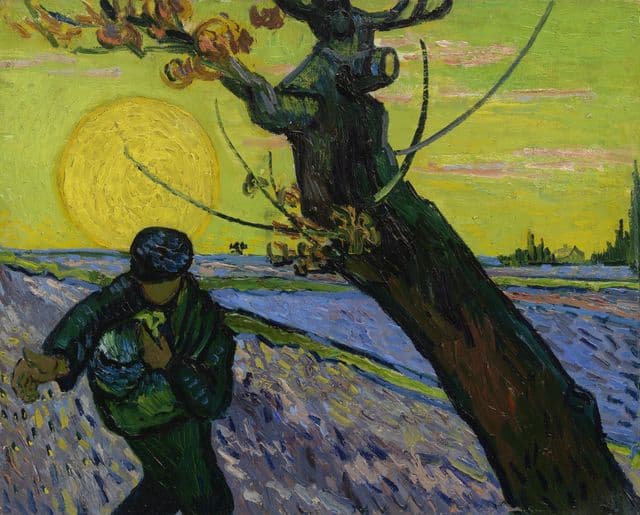 A dark figure strides across a field sowing seed beneath a huge bright sun. A tree cuts diagonally across the vivid sky, and the field seems to pulse with movement and color.