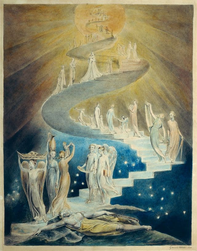 A sleeping Jacob lies in the foreground while luminous angelic figures move along a rising spiral or ladder between earth and heaven. The image emphasizes bright, active divine presence above an exposed, vulnerable traveler.